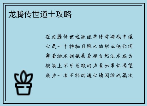 龙腾传世道士攻略
